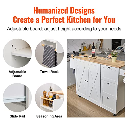 White Rolling Kitchen Island Cart with Storage Cabinet and Drawer Y393064