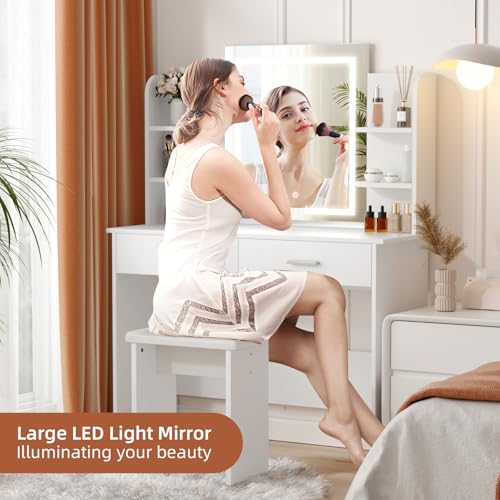 White Vanity Desk with Lighted Mirror and 6 Storage Shelves Q16386