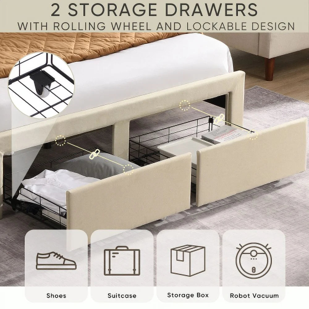 Full Size Upholstered Bed Frame with 2 Storage Drawers and USB Charging Q204827