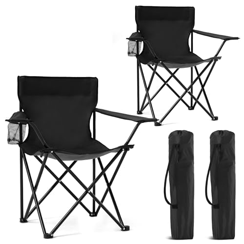 2 Pack Black Portable Camping Chairs with Cup Holder & Carry Bag X83220