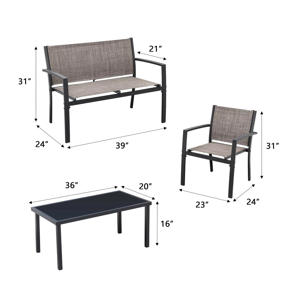 4 Pieces Textilene Patio Furniture Set with Loveseat Tea Table P1974