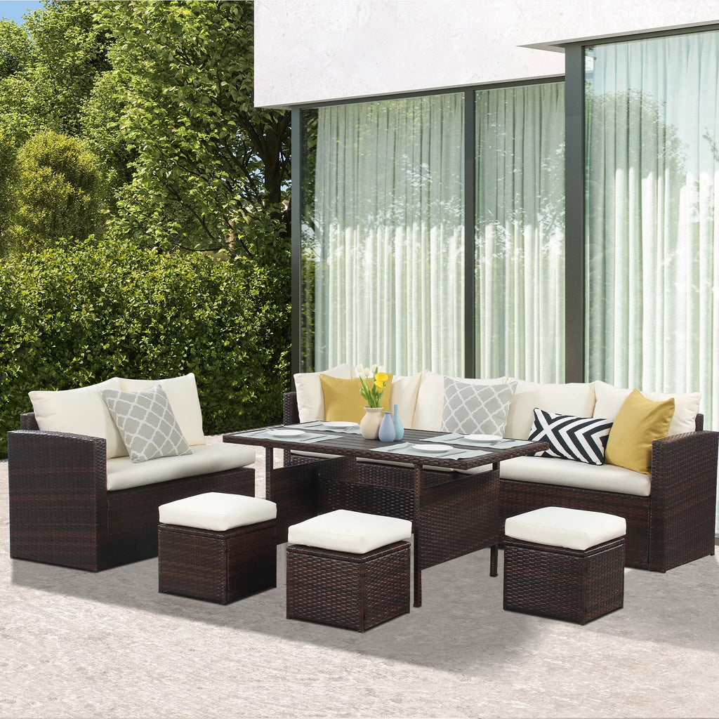 7 Piece All Weather Wicker Patio Furniture Set with Ottoman E45409
