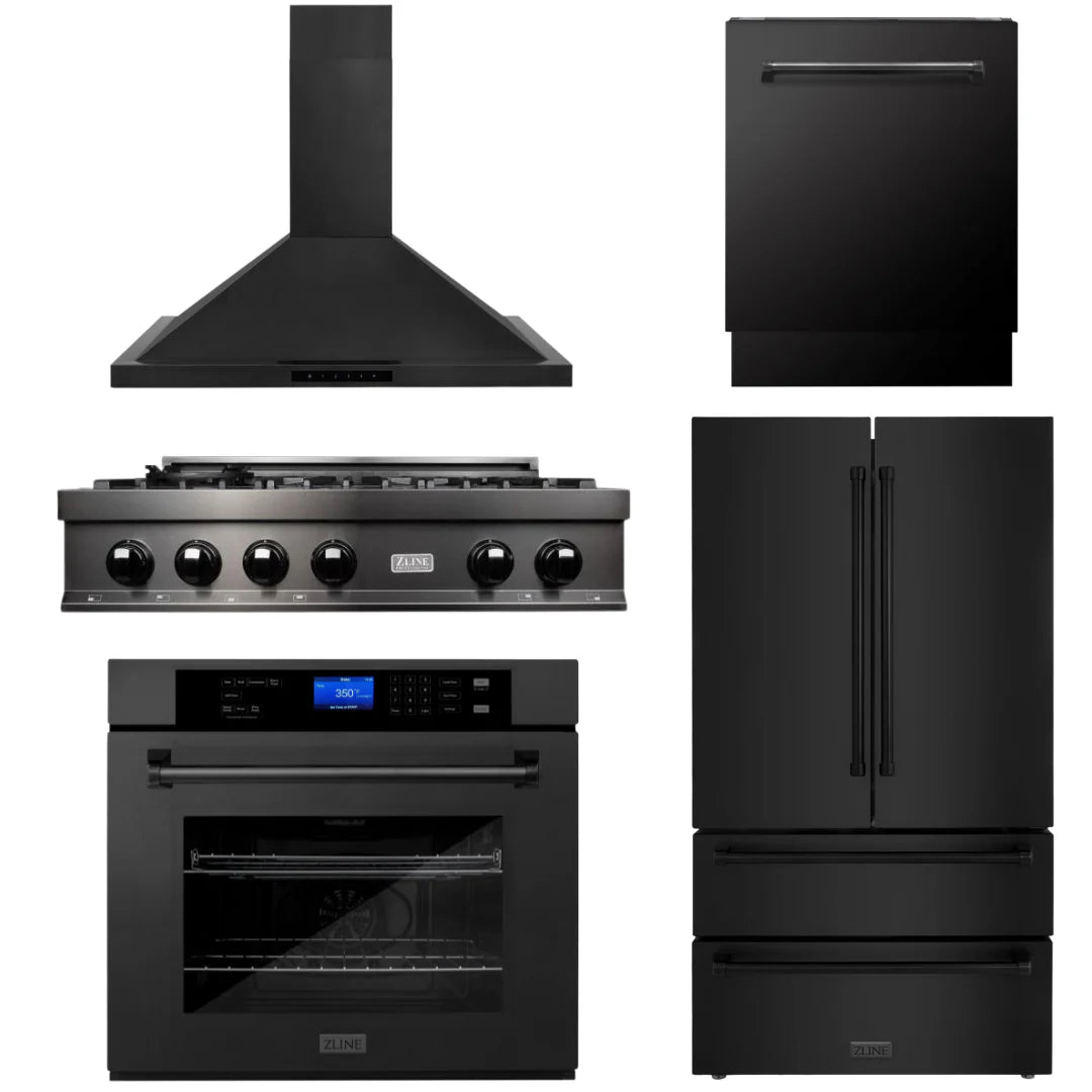 36 Gas Rangetop, Range Hood, Refrigerator, Dishwasher, Wall Oven in Black Stainless M8867