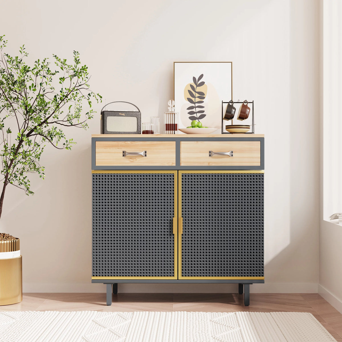31.5'' Wide 2 Drawer Iron Carbonized Bamboo Sideboard X2514