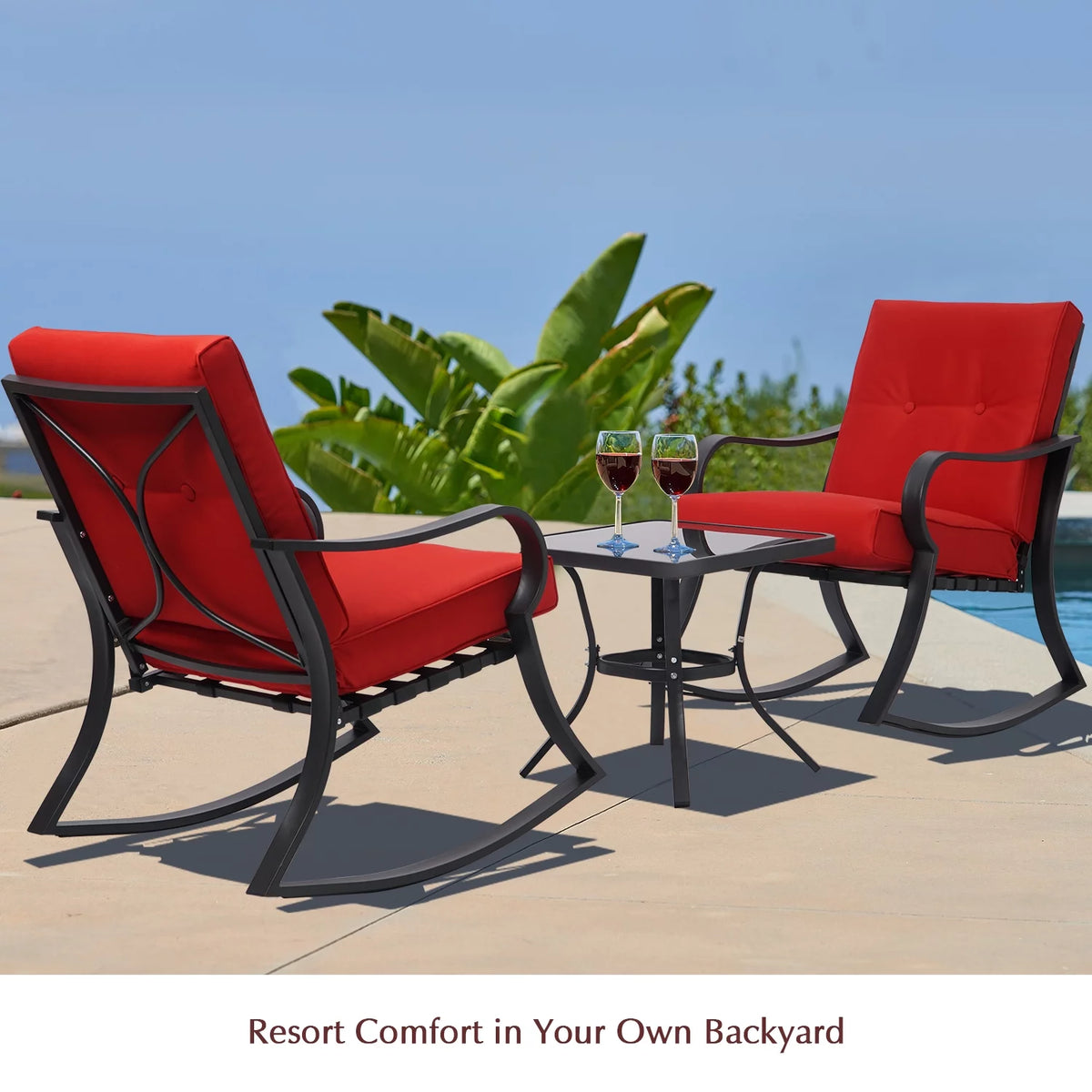 3-Piece Black Metal Rocking Chairs and Table with Brown Cushions K935015
