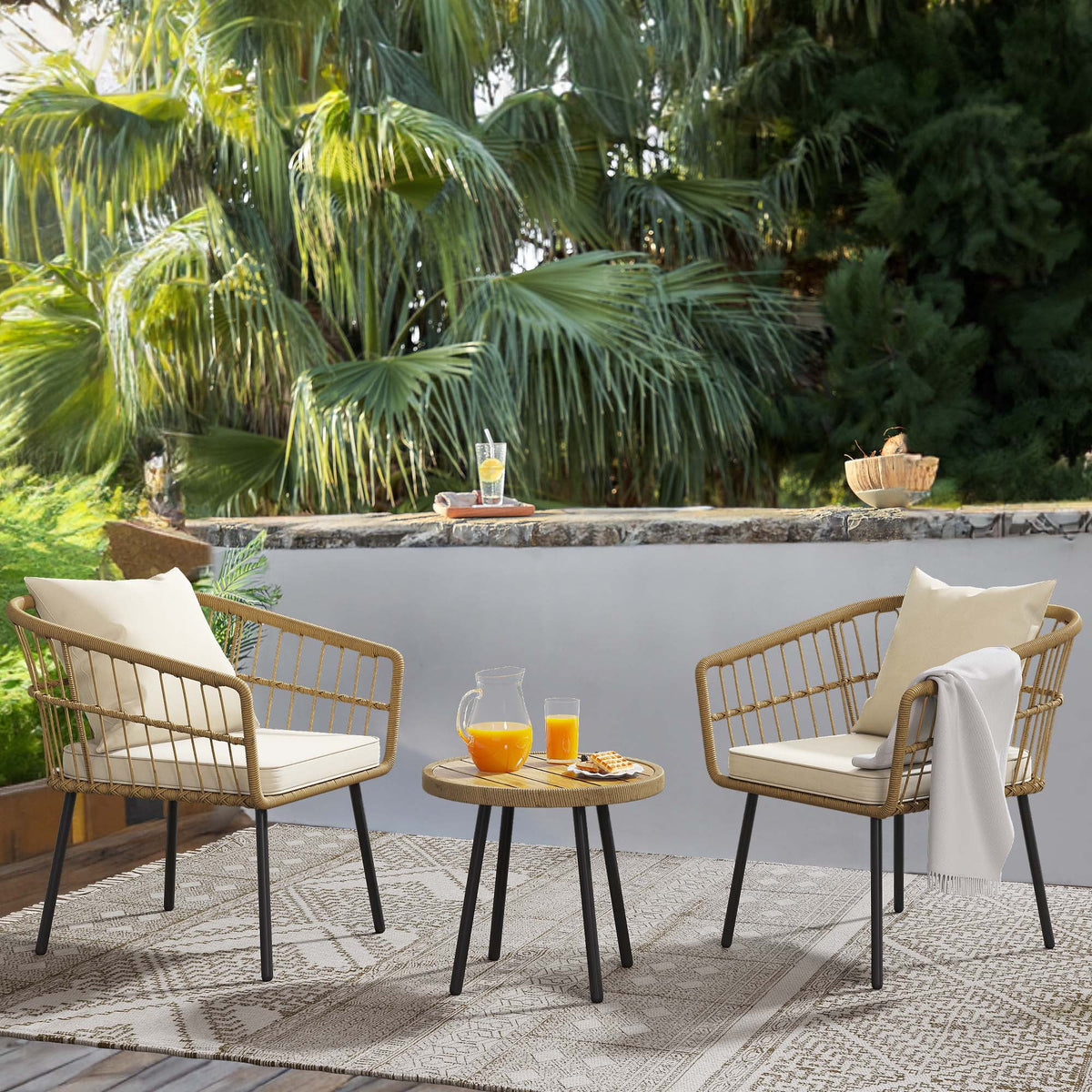 3 Pieces Outdoor Wicker Sofas Rattan Chairs with Gray Cushion and Rattan Coffee Table J322