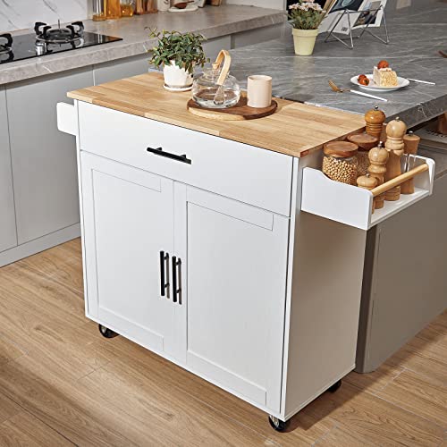 White Rolling Kitchen Island Cart with Storage Cabinet and Drawer Y393064