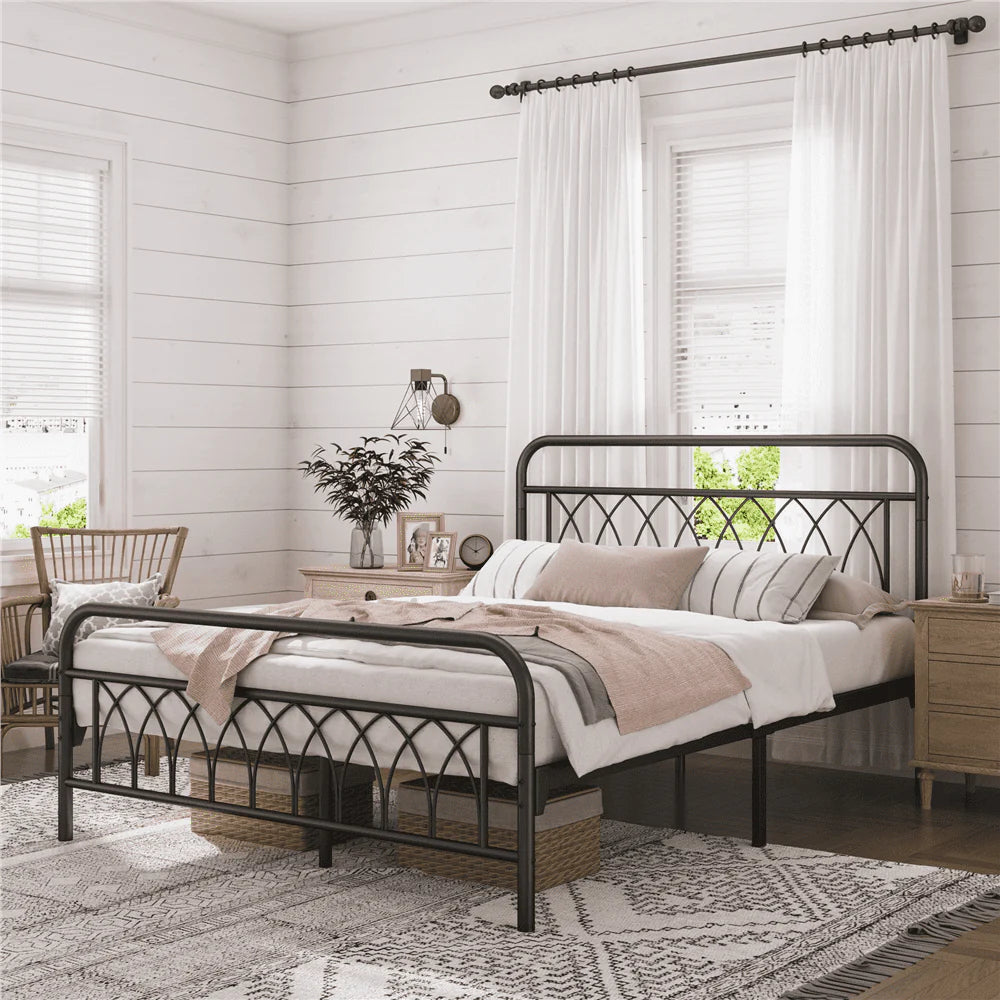 Black Metal Platform Bed Frame with Headboard and Footboard C742