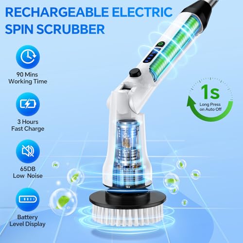 Electric Spin Scrubber with Long Handle, IPX7 Waterproof Cordless Cleaning Brush, 7 Replaceable Brush Heads, 2 Speeds J387586