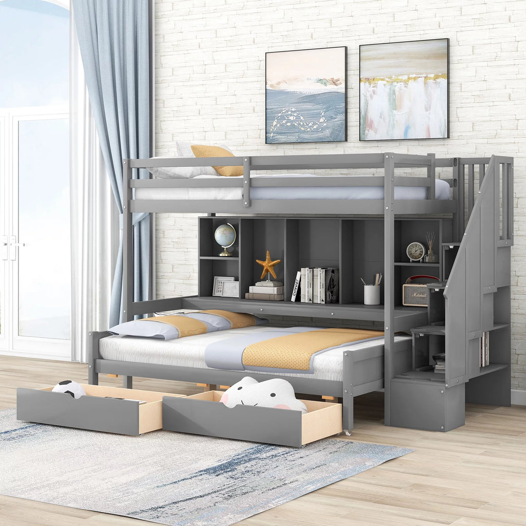 Twin Xl Over Full Bunk Bed with Storage Shelves, Drawers and Staircase, Gray Q1397