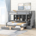 Twin Xl Over Full Bunk Bed with Storage Shelves, Drawers and Staircase, Gray Q1397