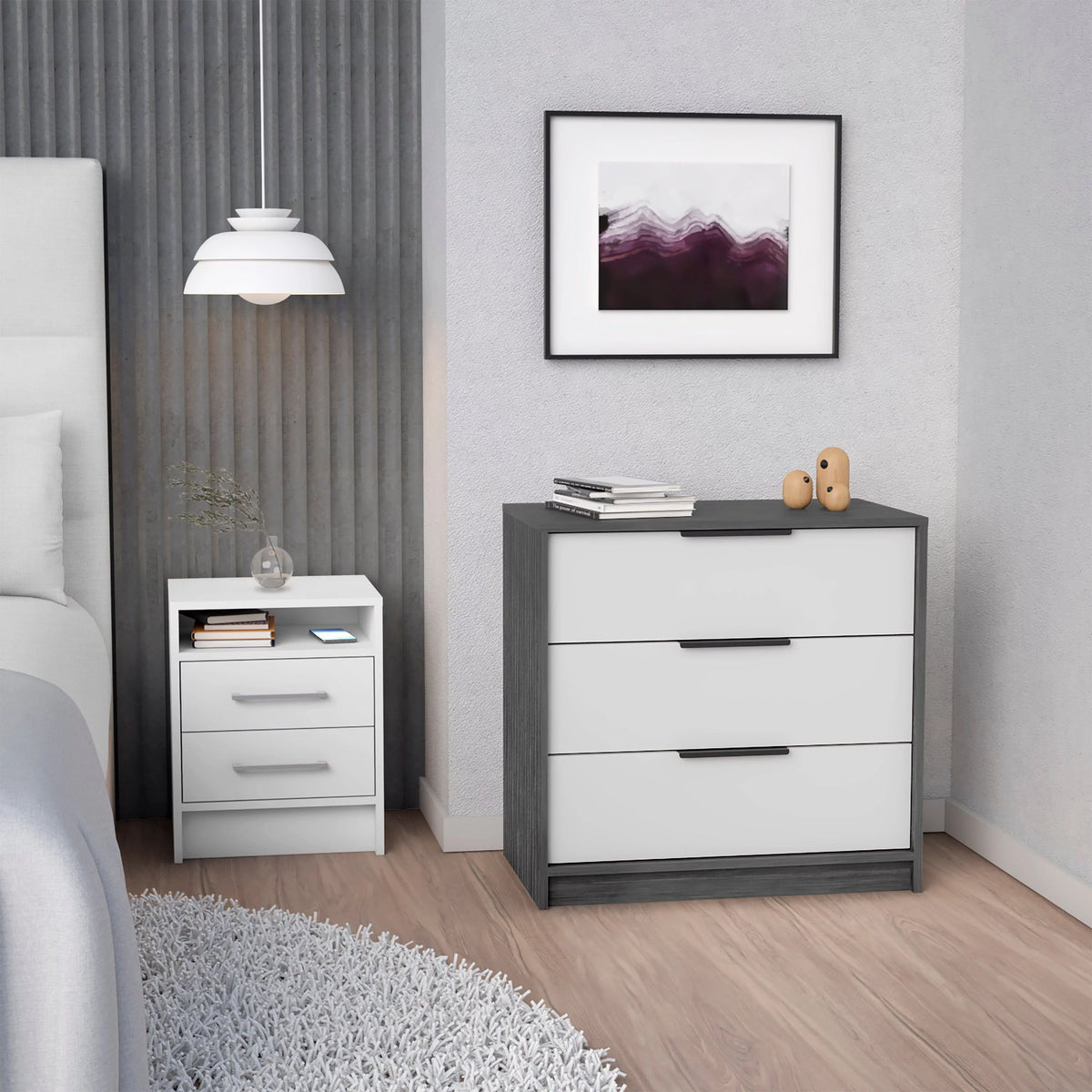 White 2-Piece Bedroom Set with 3-Drawer Dresser and Nightstand W301