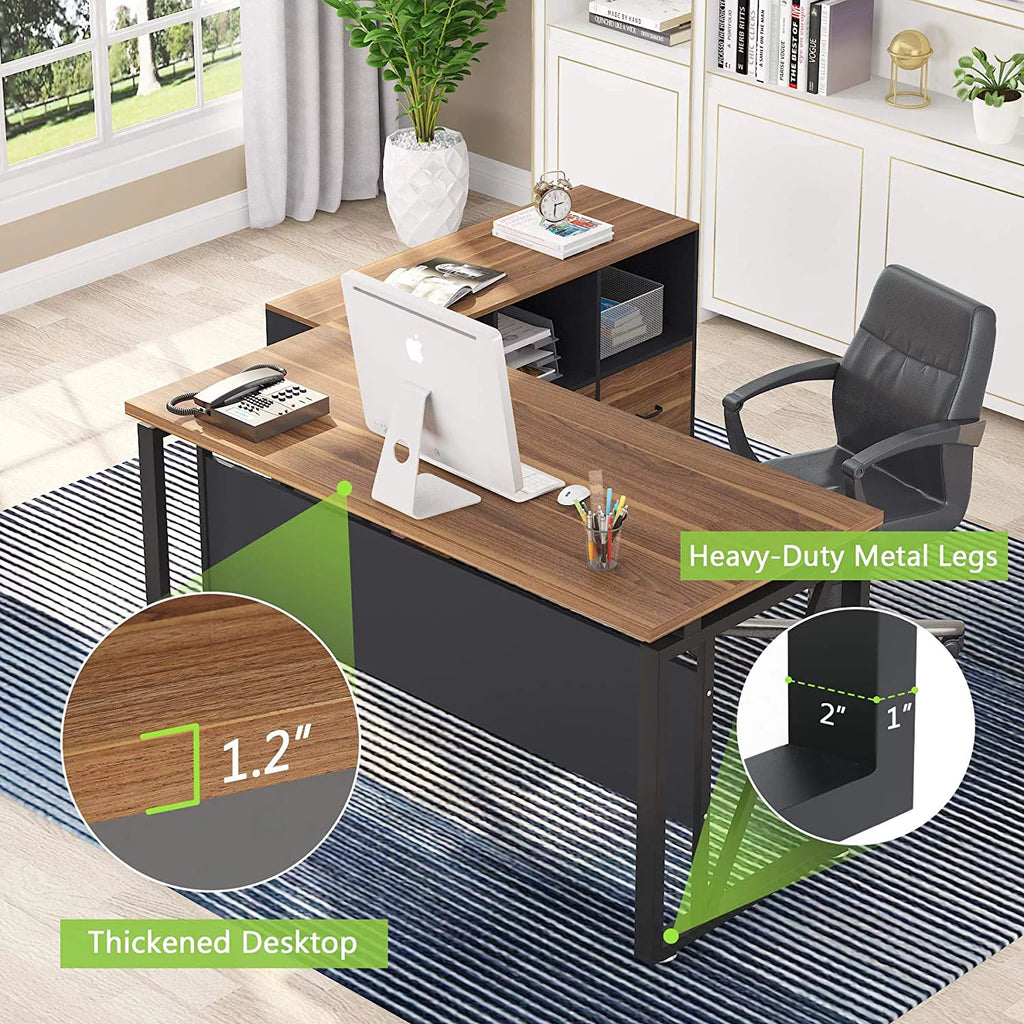 L-Shaped Computer Desk with File Cabinet and Storage Shelves I410