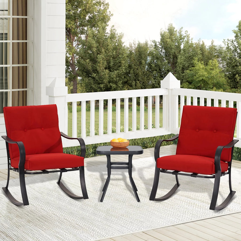 3-Piece Black Metal Rocking Chairs and Table with Brown Cushions K935015
