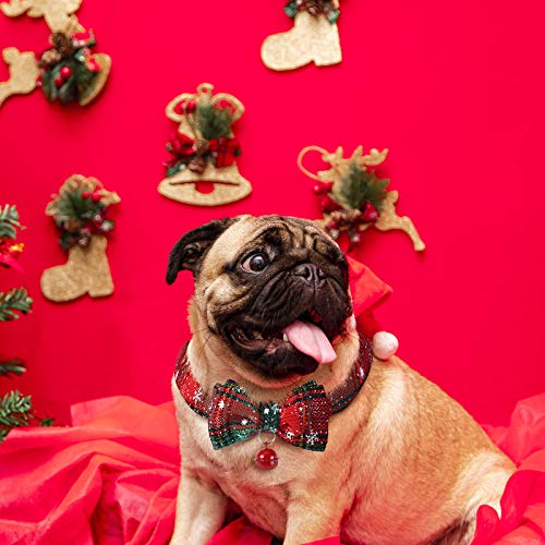 Christmas Dog Bandanas and Collars Set Plaid Adjustable with Safety Bell A610