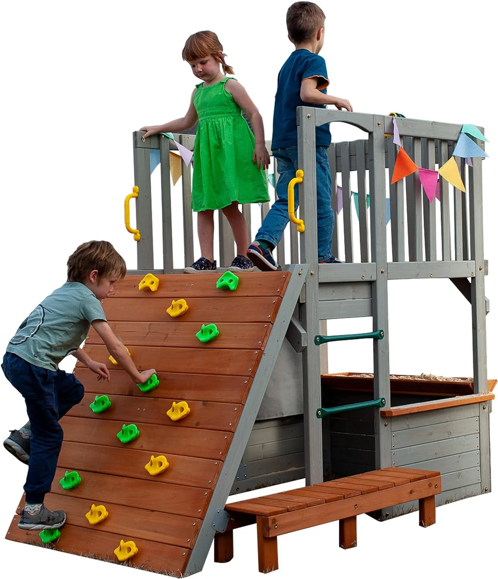 Wooden Playhouse with Sandbox, Bench, Telescope, Ladder, Climbing Ramp & Doors F1073