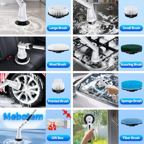 Electric Spin Scrubber with Long Handle, IPX7 Waterproof Cordless Cleaning Brush, 7 Replaceable Brush Heads, 2 Speeds J387586