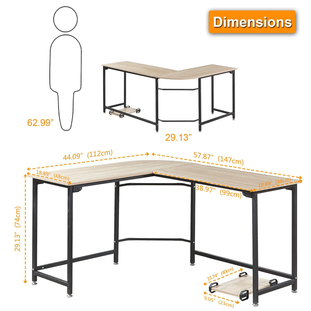 L-shaped Corner Computer Desk Workstation Wood and Metal Large Size B2355