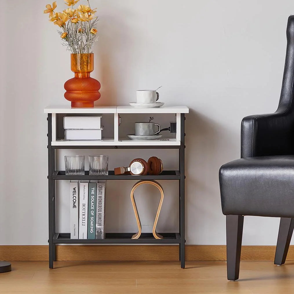 White Flip Top Side Table with Charging Station and Storage Shelves V9893