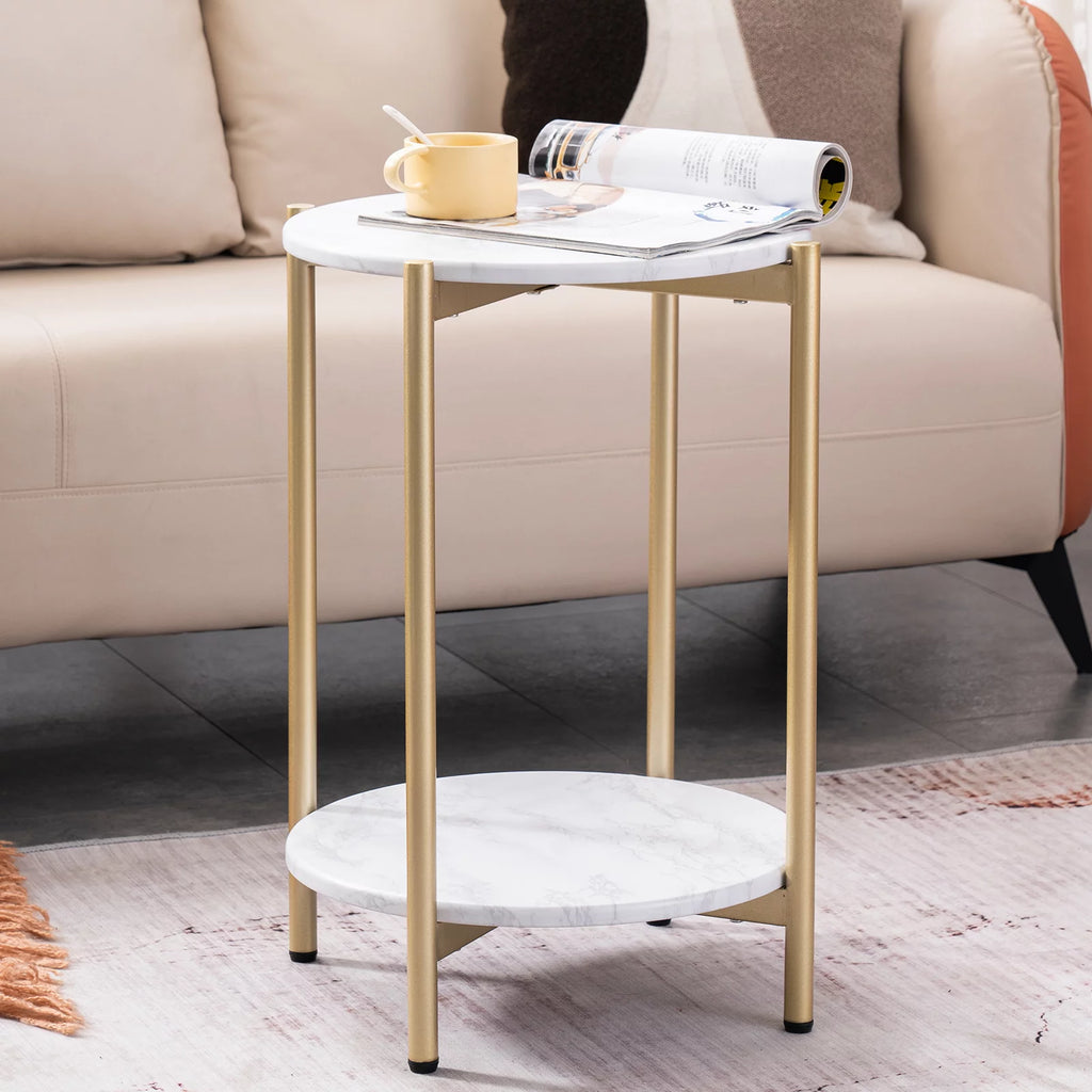 Gold White 2-Tier Round Faux Marble End Table C8291