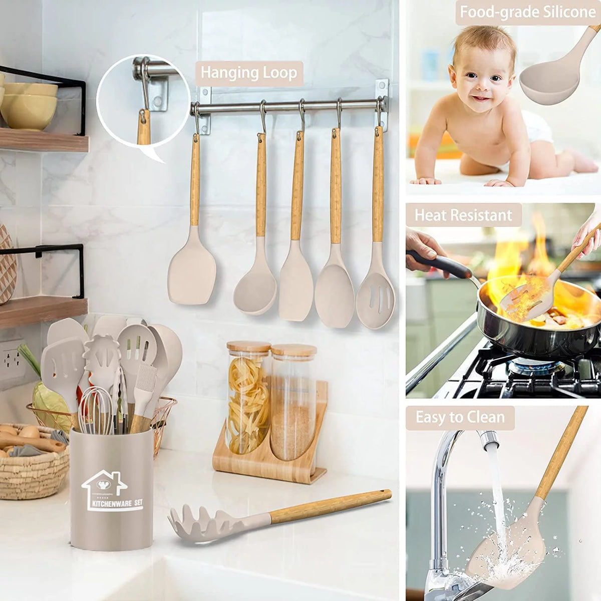 22 Piece Non-Stick Kitchen Utensils Set with Holder Wooden Handle J126