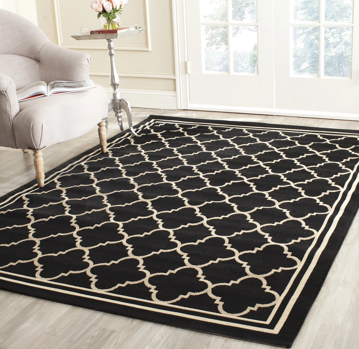 Black/Beige Geometric Indoor/Outdoor Area Rug, 5'3" x 7'7" Y86942