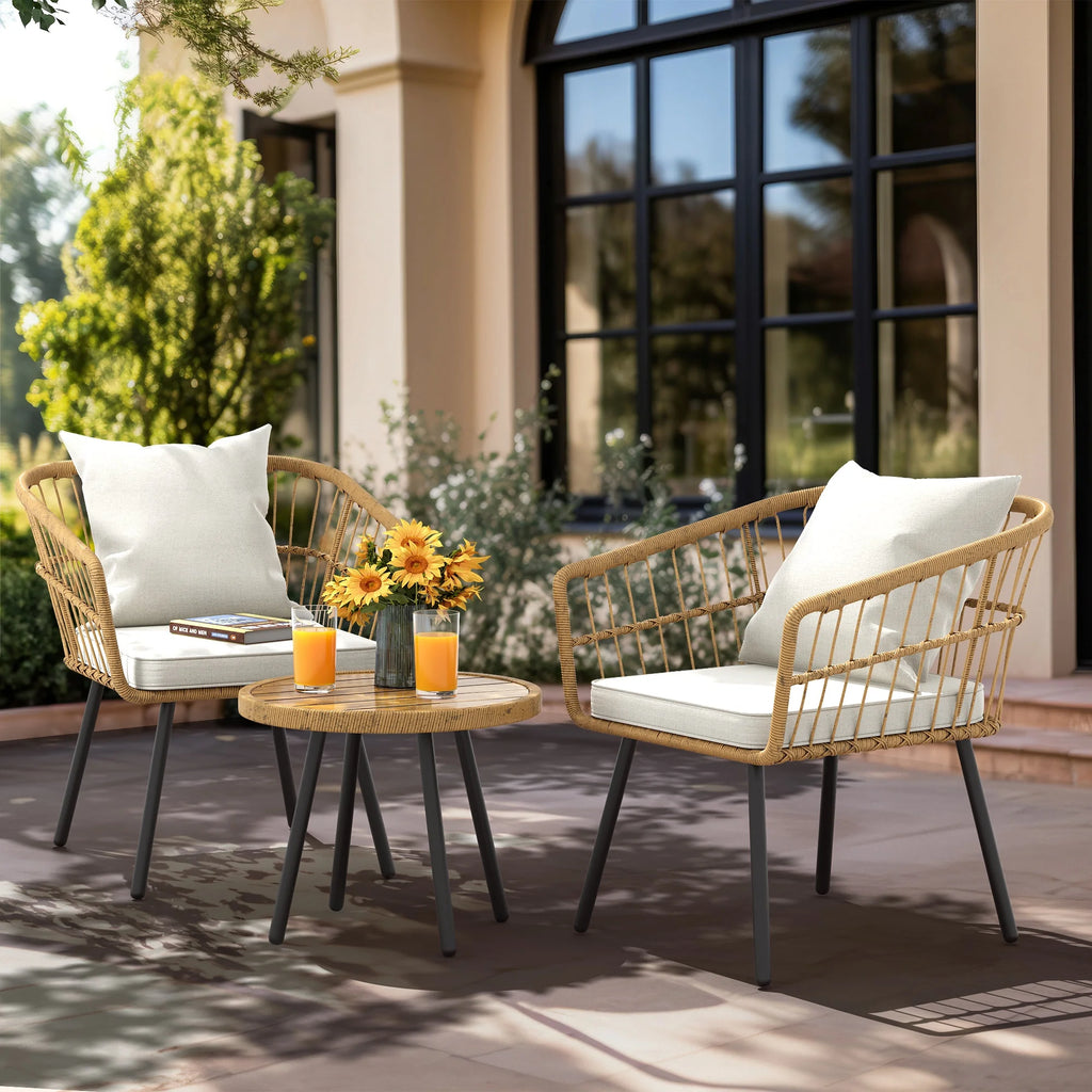 3 Pieces Outdoor Wicker Sofas Rattan Chairs with Gray Cushion and Rattan Coffee Table J322