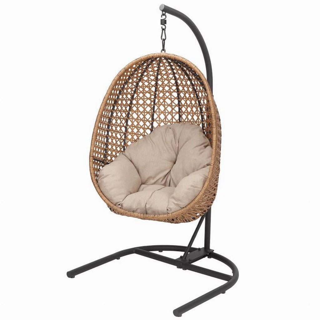 Hanging Egg Chair with Stand Tan Wicker Beige Cushion B546
