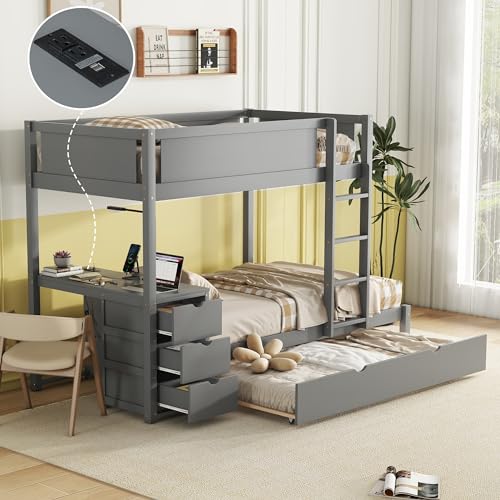 White Wood Twin Over Twin Bunk Bed with Trundle E55790
