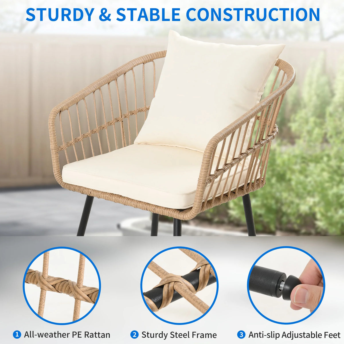 3 Pieces Outdoor Wicker Sofas Rattan Chairs with Gray Cushion and Rattan Coffee Table J322