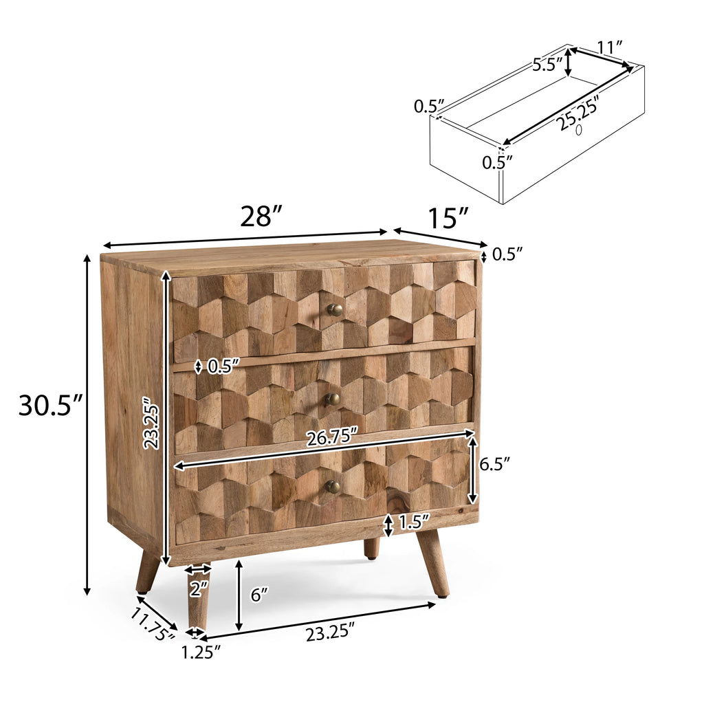 Handmade Mango Wood 3 Drawer Chest G3268