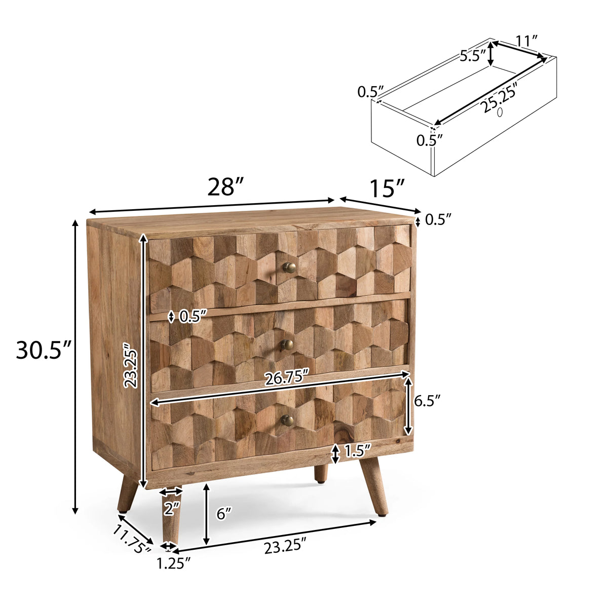 Handmade Mango Wood 3 Drawer Chest G3268