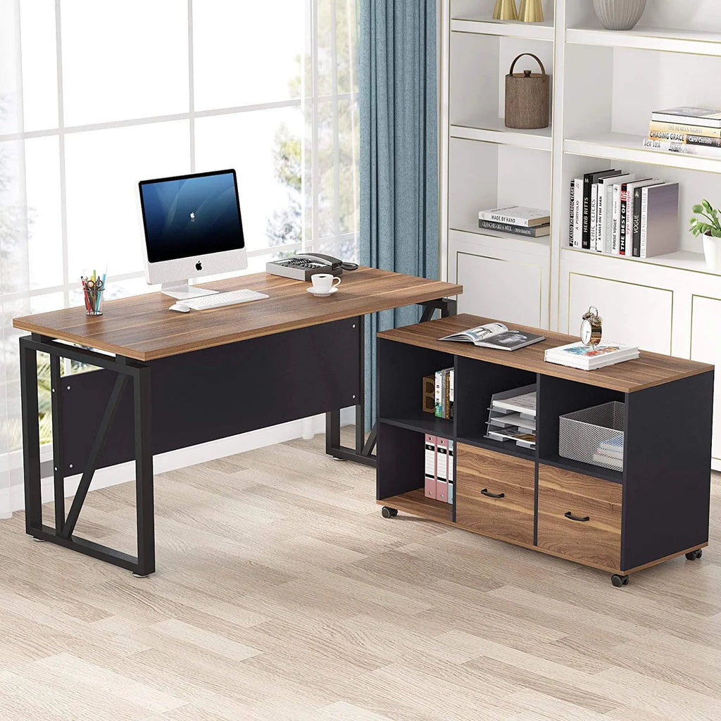 L-Shaped Computer Desk with File Cabinet and Storage Shelves I410
