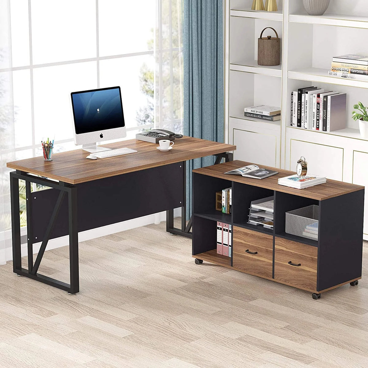 L-Shaped Computer Desk with File Cabinet and Storage Shelves I410