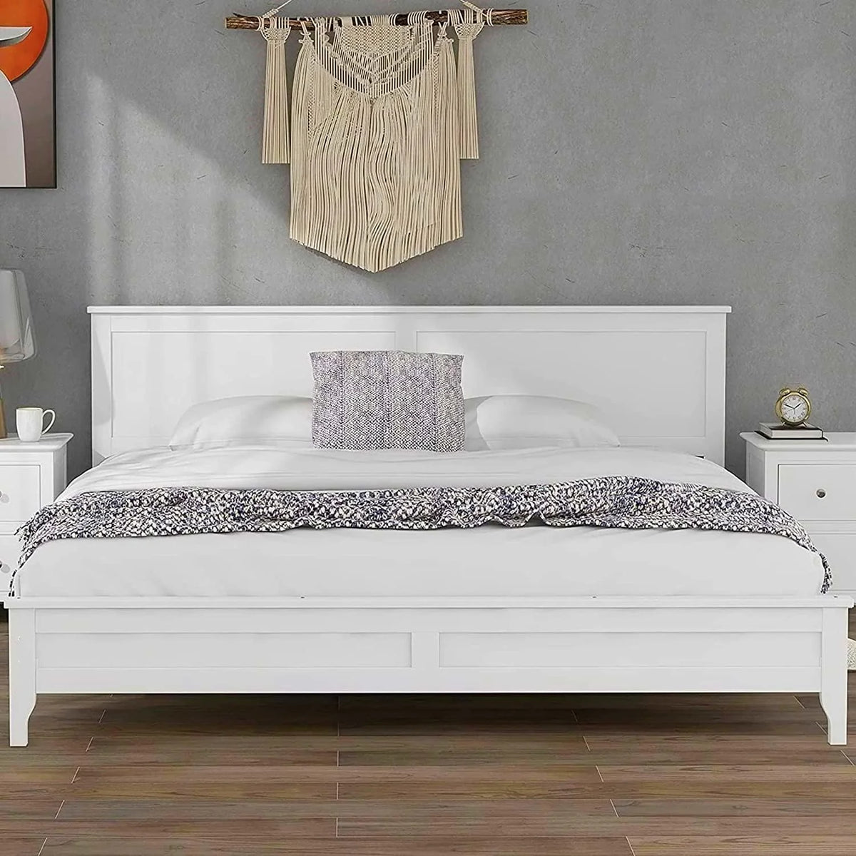 King Size White Wooden Platform Bed with Headboard A494372