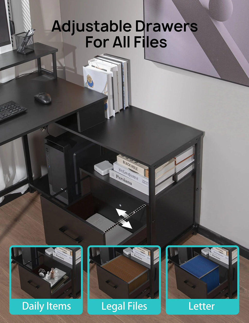 L-Shaped Computer Desk with File Drawer and Monitor Shelf A9340