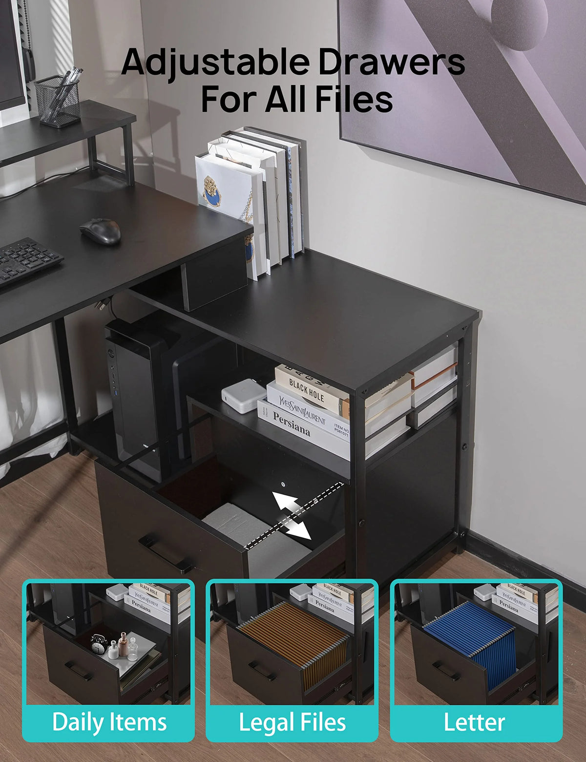 L-Shaped Computer Desk with File Drawer and Monitor Shelf A9340