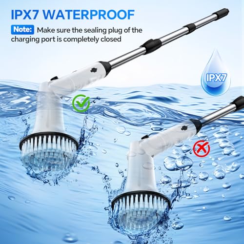Electric Spin Scrubber with Long Handle, IPX7 Waterproof Cordless Cleaning Brush, 7 Replaceable Brush Heads, 2 Speeds J387586