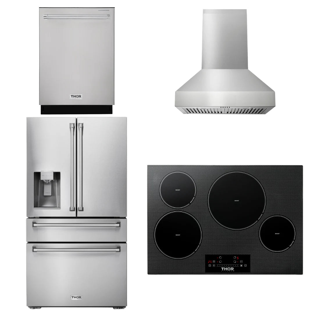 30 Induction Cooktop, Range Hood, Refrigerator with Water and Ice Dispenser, Dishwasher Z6492