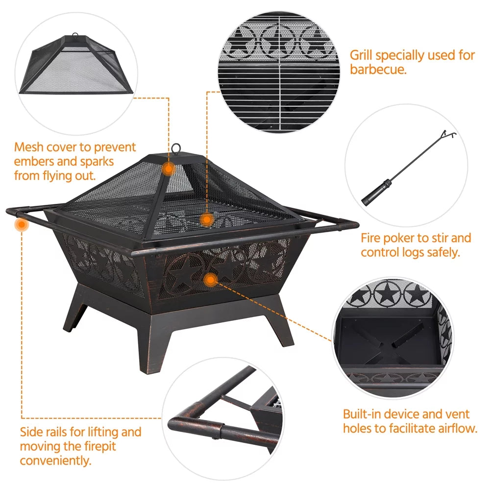32in Square Steel Fire Pit with Mesh Cover S271