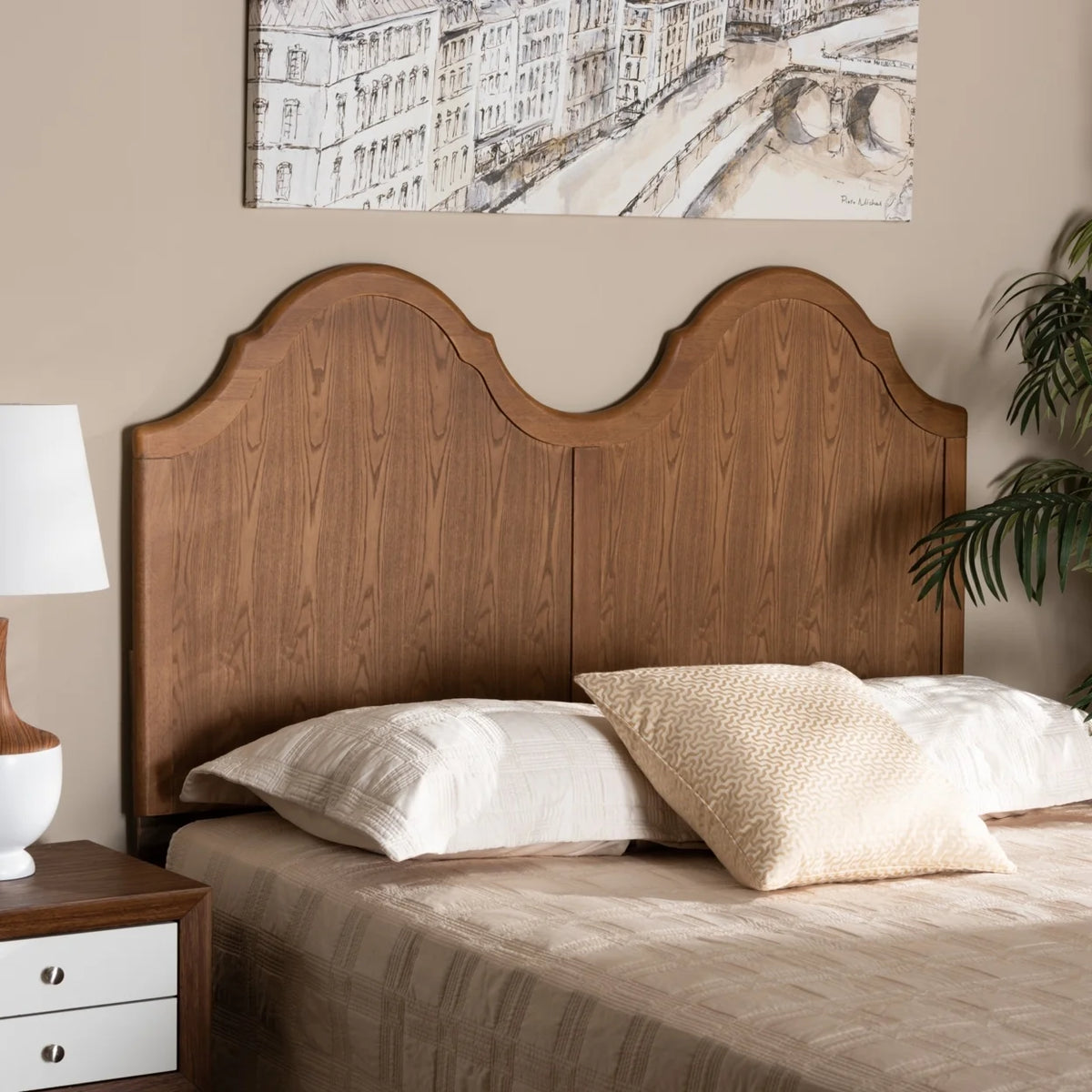 King Size Ash Walnut Finished Wood Arched Headboard P47290