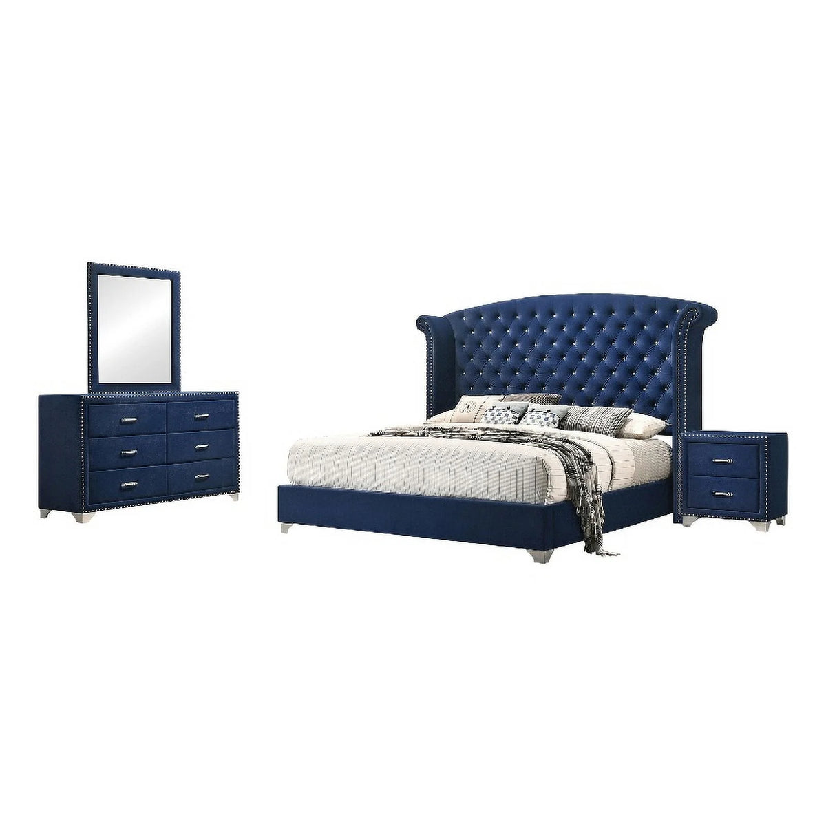 4-Piece Velvet Queen Bedroom Set in Blue A309976