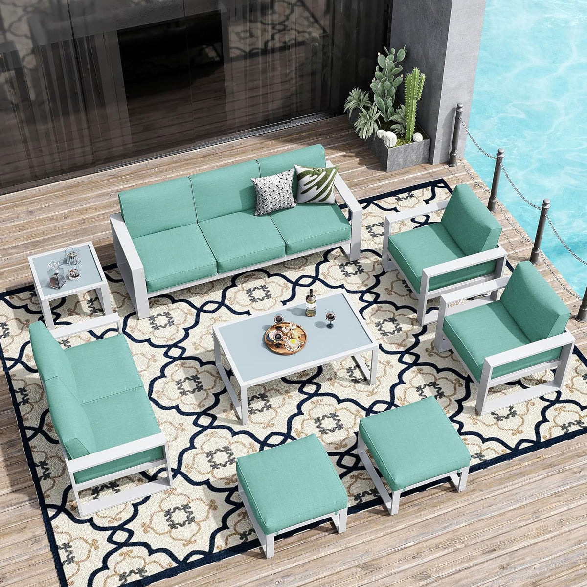 8 Pieces White Aluminum Patio Furniture Set with Ottoman and Coffee Table L45227