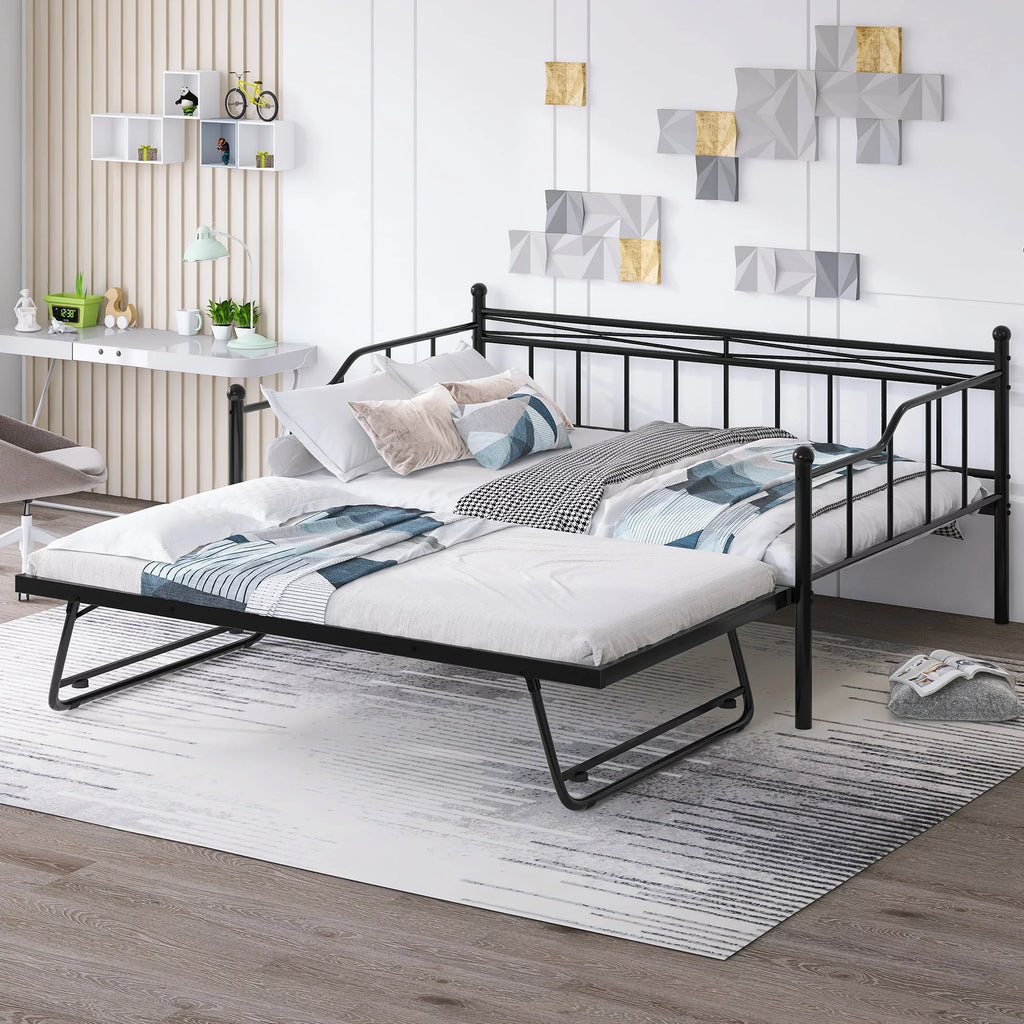 Full Size Black Metal Daybed with Twin Size Adjustable Trundle B27212