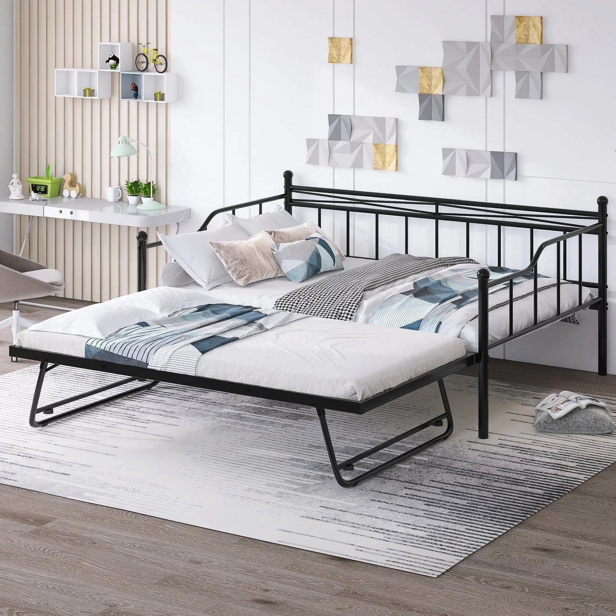 Full Size Black Metal Daybed with Twin Size Adjustable Trundle B27212