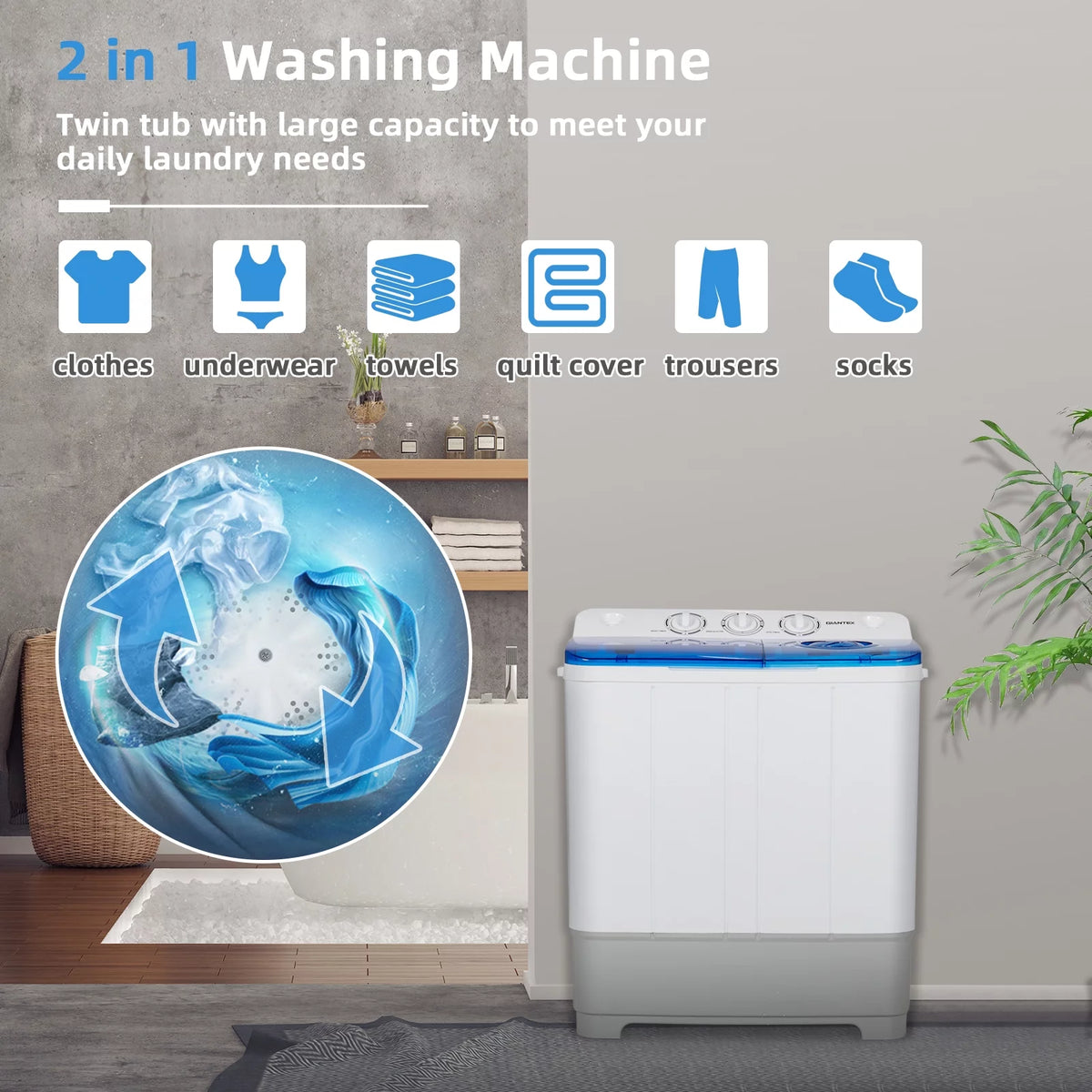 Portable Twin Tub Mini Washing Machine 13.2lb Blue O149
