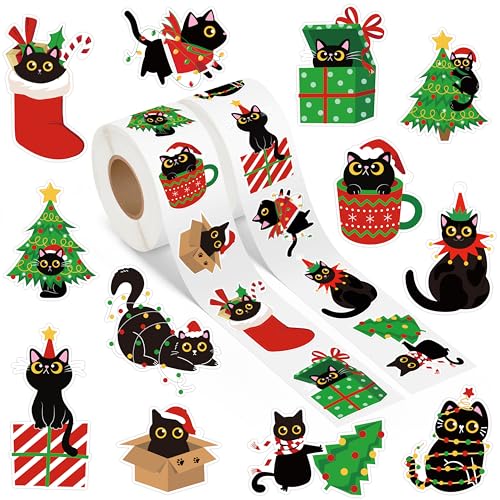 Black Cat Sticker 1000Pcs 2 Rolls 16 Patterns Waterproof Self-Adhesive Decals Z6406