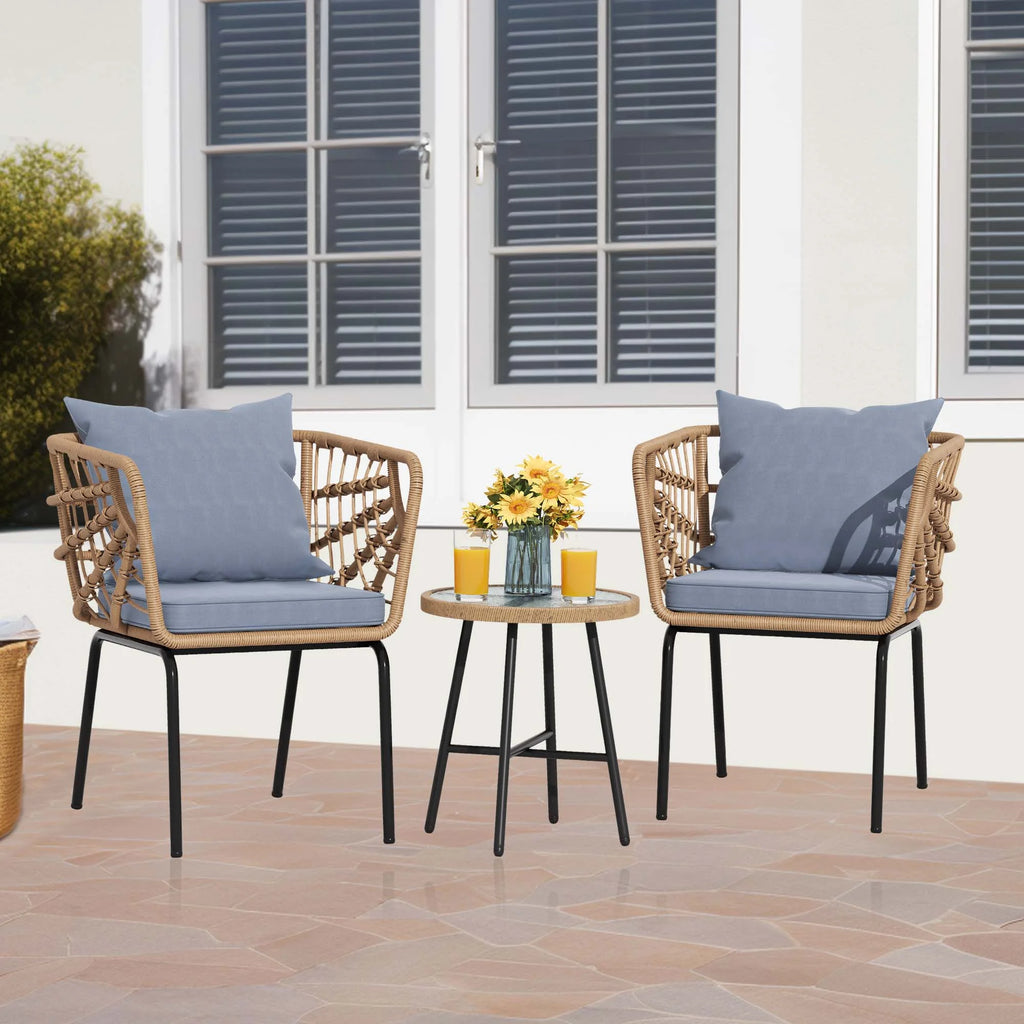 3 Pieces Outdoor Wicker Sofas Rattan Chairs with Gray Cushion and Rattan Coffee Table J322