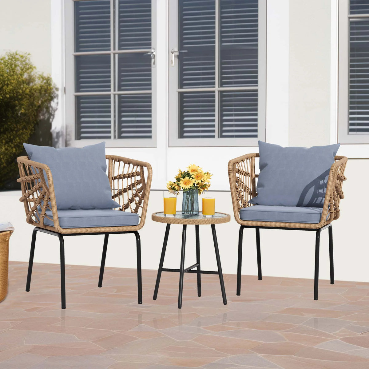 3 Pieces Outdoor Wicker Sofas Rattan Chairs with Gray Cushion and Rattan Coffee Table J322