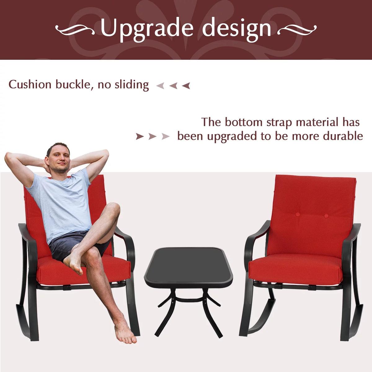 3-Piece Black Metal Rocking Chairs and Table with Brown Cushions K935015
